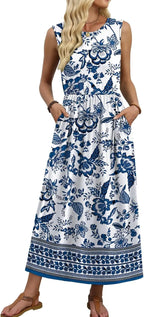 Penny™ | Women's Flowy A-Line Maxi Dress with Pockets – Elastic Waist Sleeveless Beach Sundress oaklynwear