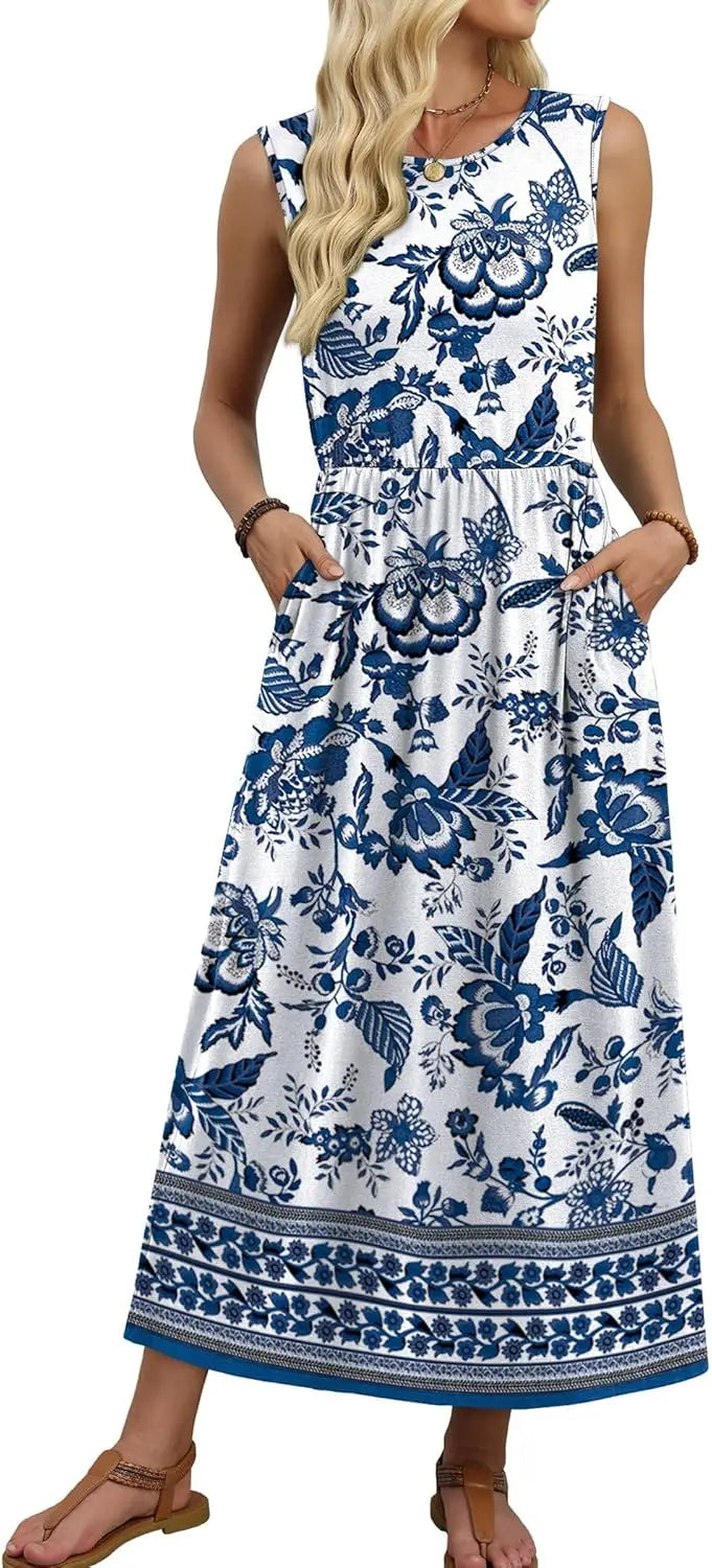 Penny™ | Women's Flowy A-Line Maxi Dress with Pockets – Elastic Waist Sleeveless Beach Sundress oaklynwear
