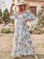 Wrap™ | Women's Boho Floral Wrap Maxi Dress – V-Neck 3/4 Sleeve Belted Slit Beach Wedding Dress oaklynwear