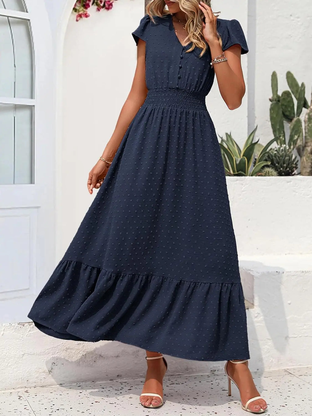 Dotty™ | Women's Swiss Dot Smocked Maxi Dress – V-Neck Short Sleeve Tiered Ruffle Boho Beach Dress oaklynwear