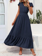 Dotty™ | Women's Swiss Dot Smocked Maxi Dress – V-Neck Short Sleeve Tiered Ruffle Boho Beach Dress oaklynwear