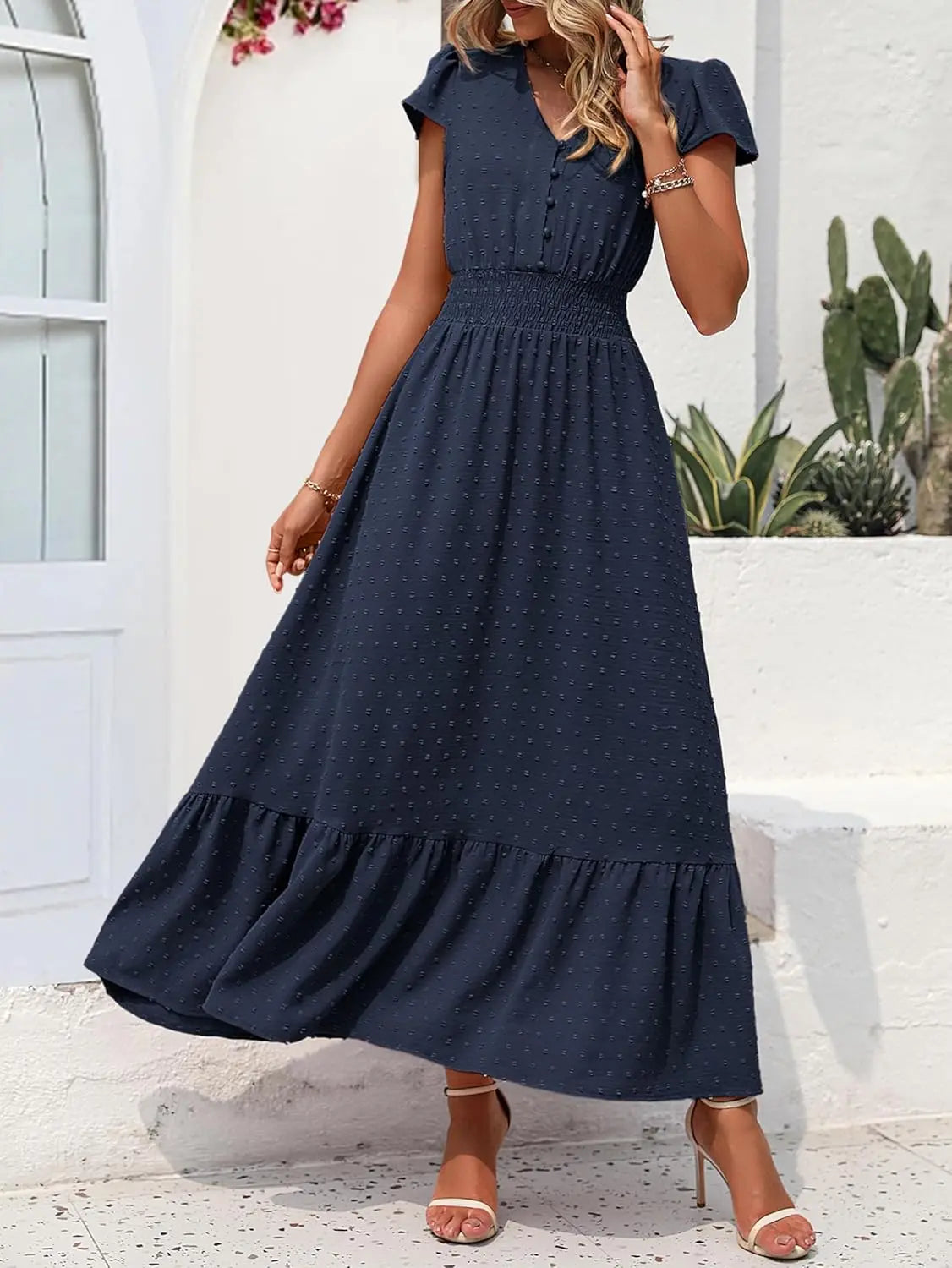 Dotty™ | Women's Swiss Dot Smocked Maxi Dress – V-Neck Short Sleeve Tiered Ruffle Boho Beach Dress oaklynwear