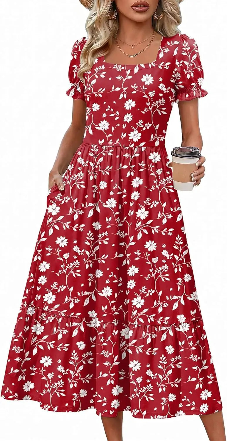 Puff™ | Women's Tiered Midi Dress with Pockets – Square Neck Puff Sleeve Flowy Beach Sundress oaklynwear