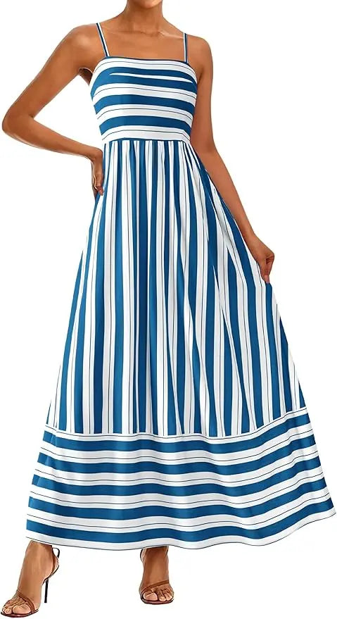 Flora™ | Women's Smocked Boho Floral Maxi Dress – Spaghetti Strap Square Neck Beach Sundress oaklynwear