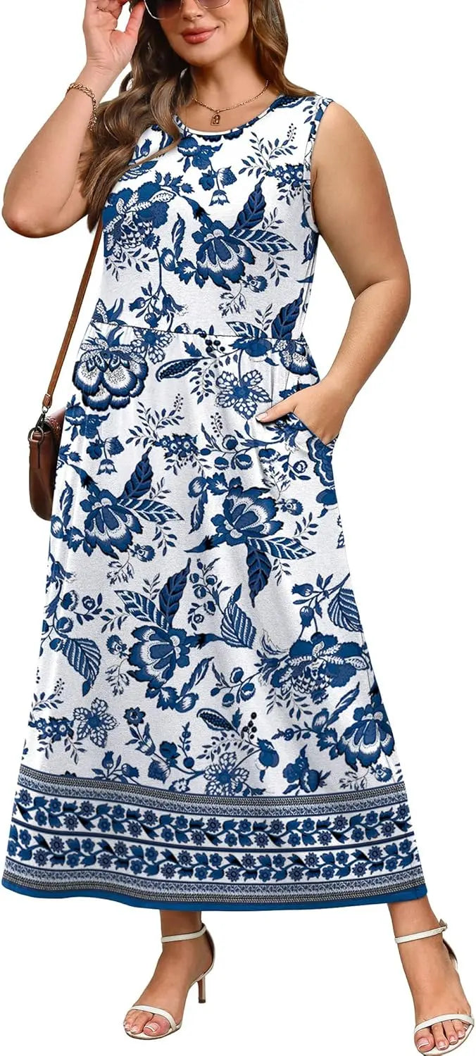 Penny™ | Women's Flowy A-Line Maxi Dress with Pockets – Elastic Waist Sleeveless Beach Sundress oaklynwear