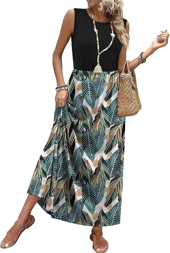 Penny™ | Women's Flowy A-Line Maxi Dress with Pockets – Elastic Waist Sleeveless Beach Sundress oaklynwear