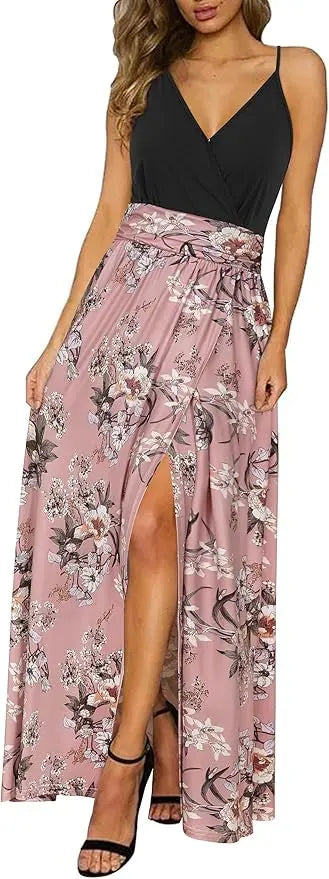 Vibe™ | Women's Floral Boho Maxi Dress – Spaghetti Strap V-Neck Side Split Flowy Beach Dress oaklynwear