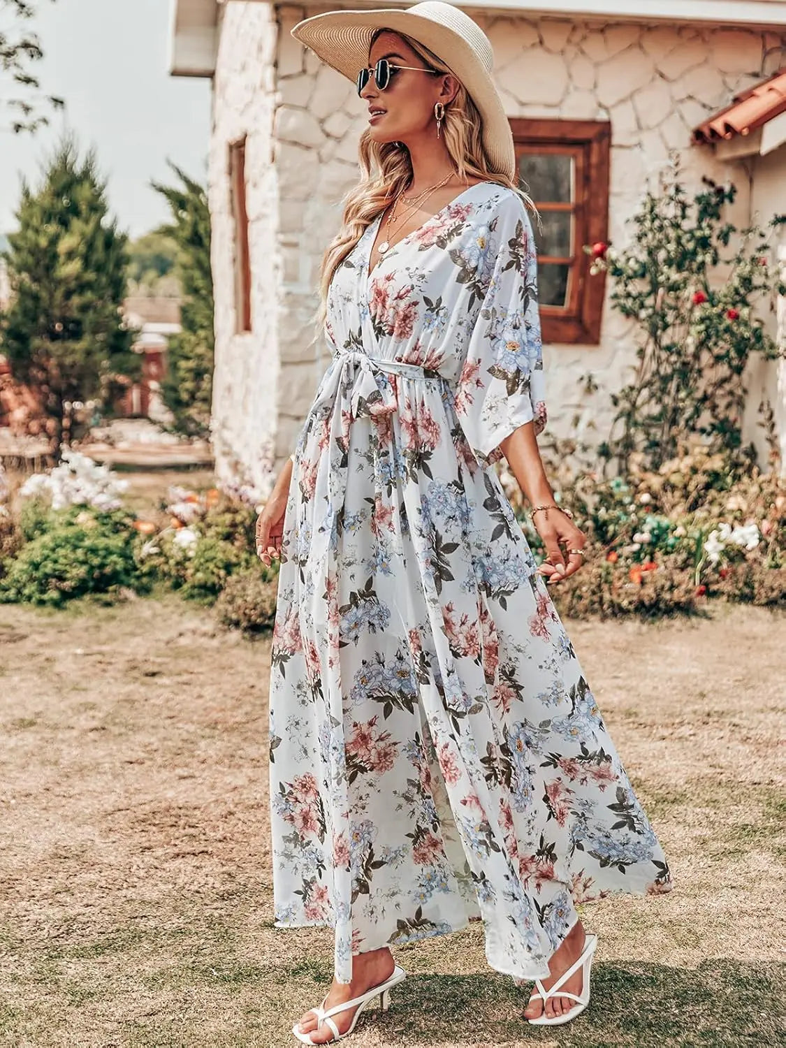 Wrap™ | Women's Boho Floral Wrap Maxi Dress – V-Neck 3/4 Sleeve Belted Slit Beach Wedding Dress oaklynwear