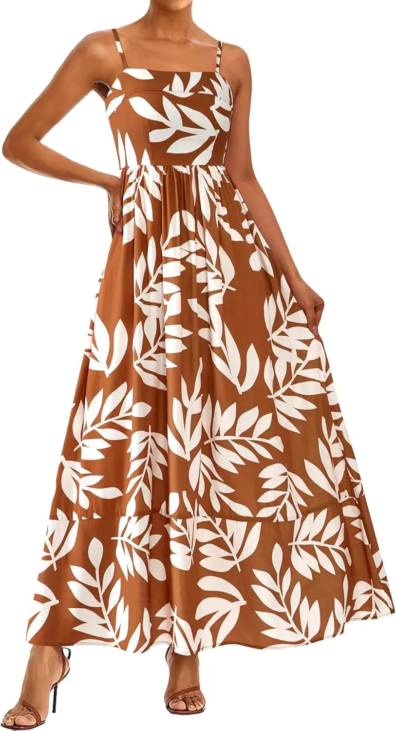 Flora™ | Women's Smocked Boho Floral Maxi Dress – Spaghetti Strap Square Neck Beach Sundress oaklynwear