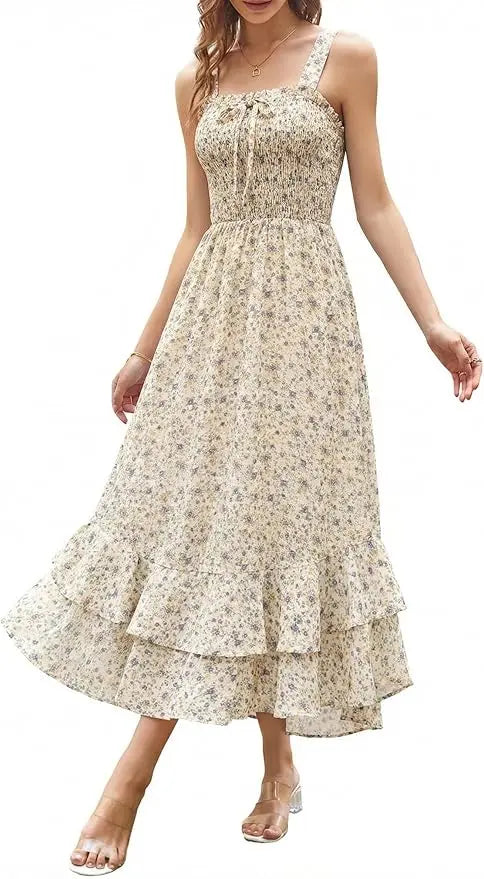 Sway™ | Women's Floral Smocked Maxi Dress – Square Neck Adjustable Strap Tiered Ruffle Beach Sundress oaklynwear