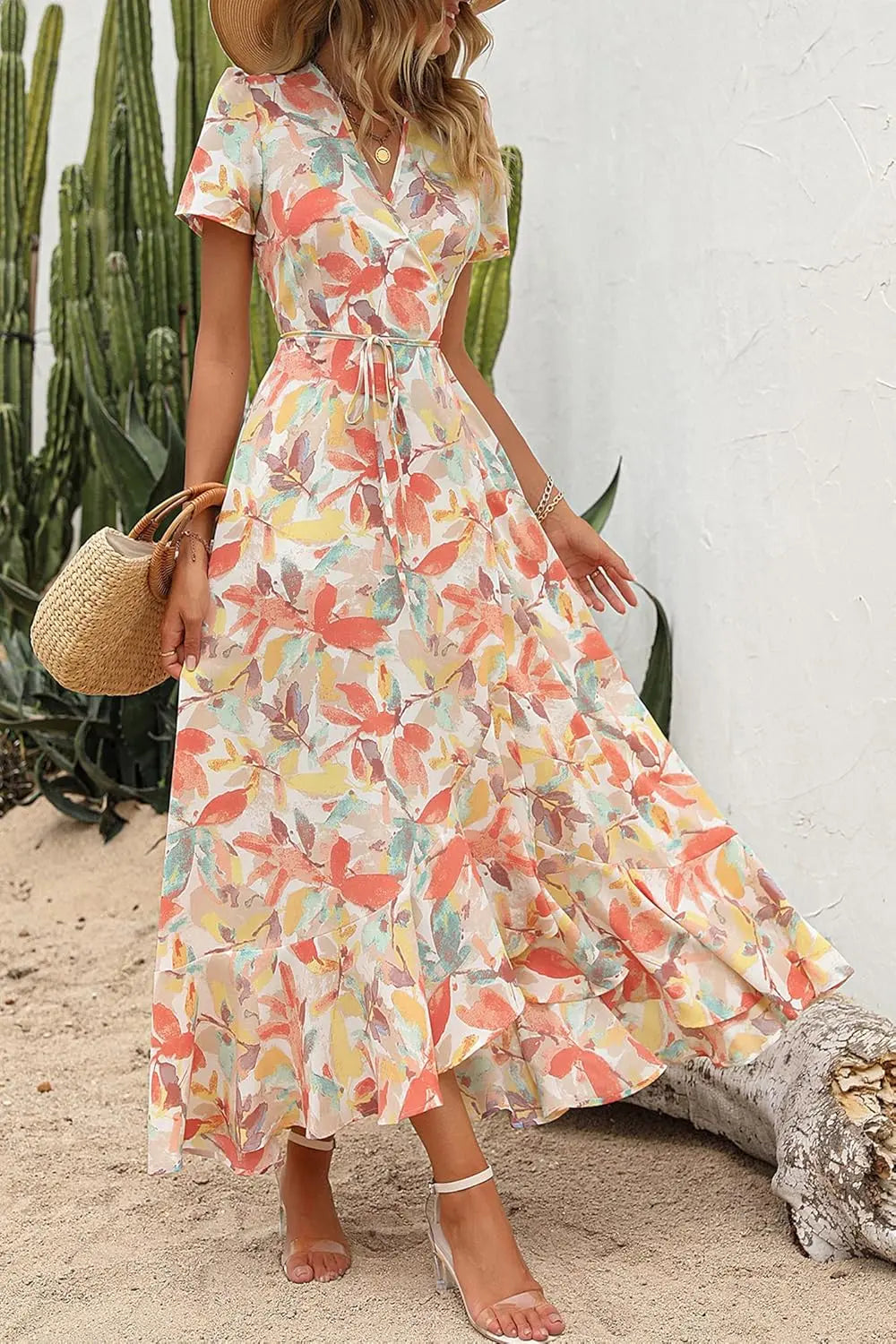Remi™ | Women's Boho Floral Wrap Maxi Dress – V-Neck Short Sleeve High Split Beach Wedding Dress oaklynwear