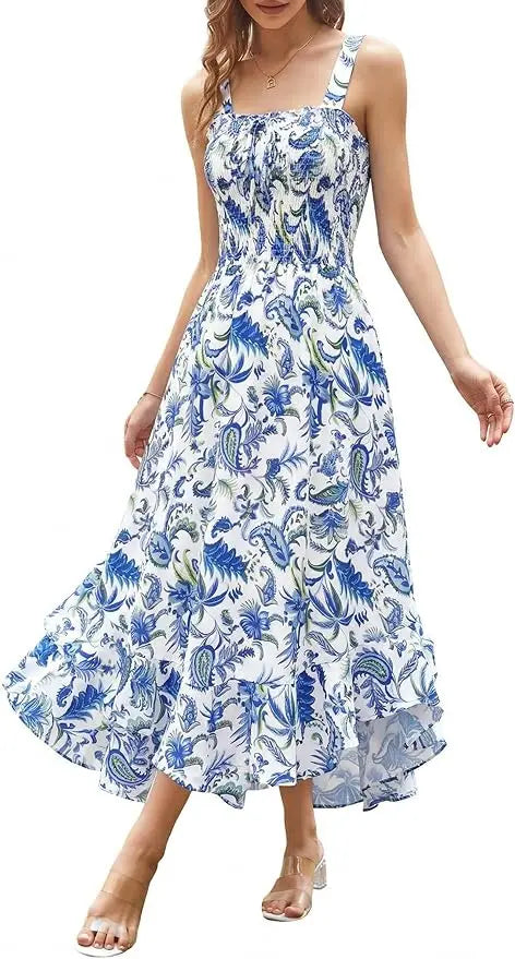 Sway™ | Women's Floral Smocked Maxi Dress – Square Neck Adjustable Strap Tiered Ruffle Beach Sundress oaklynwear