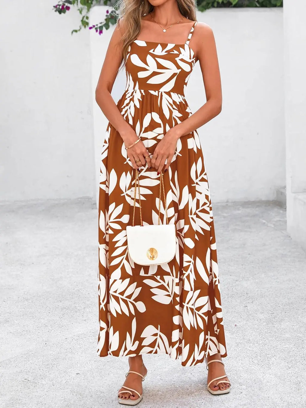 Flora™ | Women's Smocked Boho Floral Maxi Dress – Spaghetti Strap Square Neck Beach Sundress oaklynwear