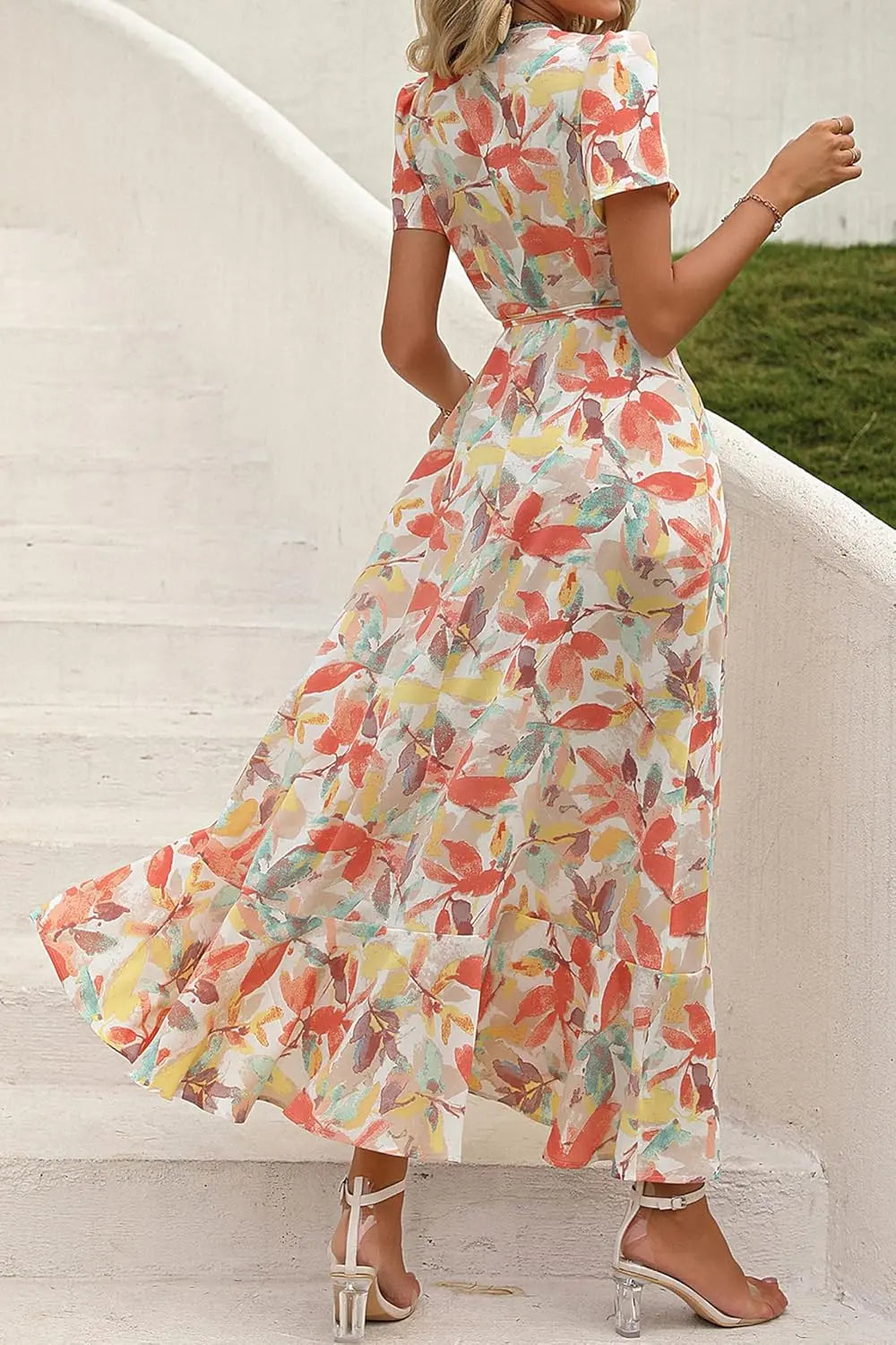 Remi™ | Women's Boho Floral Wrap Maxi Dress – V-Neck Short Sleeve High Split Beach Wedding Dress oaklynwear