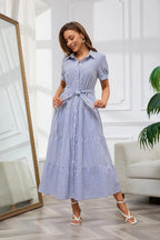 Stripe™ | Women's Striped Button-Down Maxi Shirt Dress – Tie Waist Ruffle Hem A-Line Dress oaklynwear