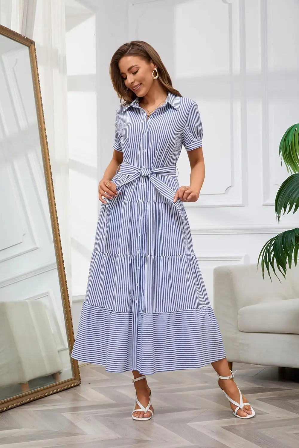 Stripe™ | Women's Striped Button-Down Maxi Shirt Dress – Tie Waist Ruffle Hem A-Line Dress oaklynwear