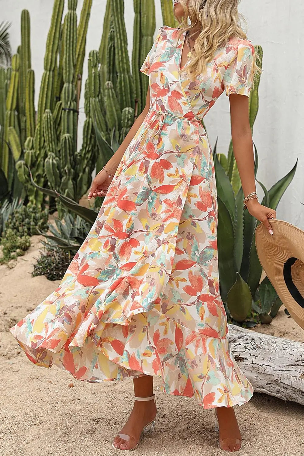 Remi™ | Women's Boho Floral Wrap Maxi Dress – V-Neck Short Sleeve High Split Beach Wedding Dress oaklynwear