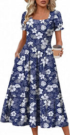 Puff™ | Women's Tiered Midi Dress with Pockets – Square Neck Puff Sleeve Flowy Beach Sundress oaklynwear