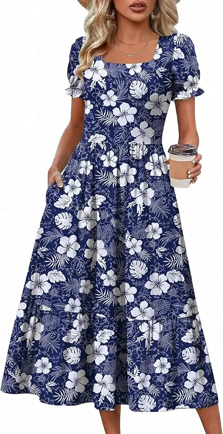 Puff™ | Women's Tiered Midi Dress with Pockets – Square Neck Puff Sleeve Flowy Beach Sundress oaklynwear