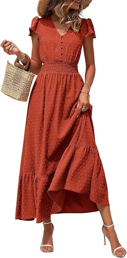 Dotty™ | Women's Swiss Dot Smocked Maxi Dress – V-Neck Short Sleeve Tiered Ruffle Boho Beach Dress oaklynwear