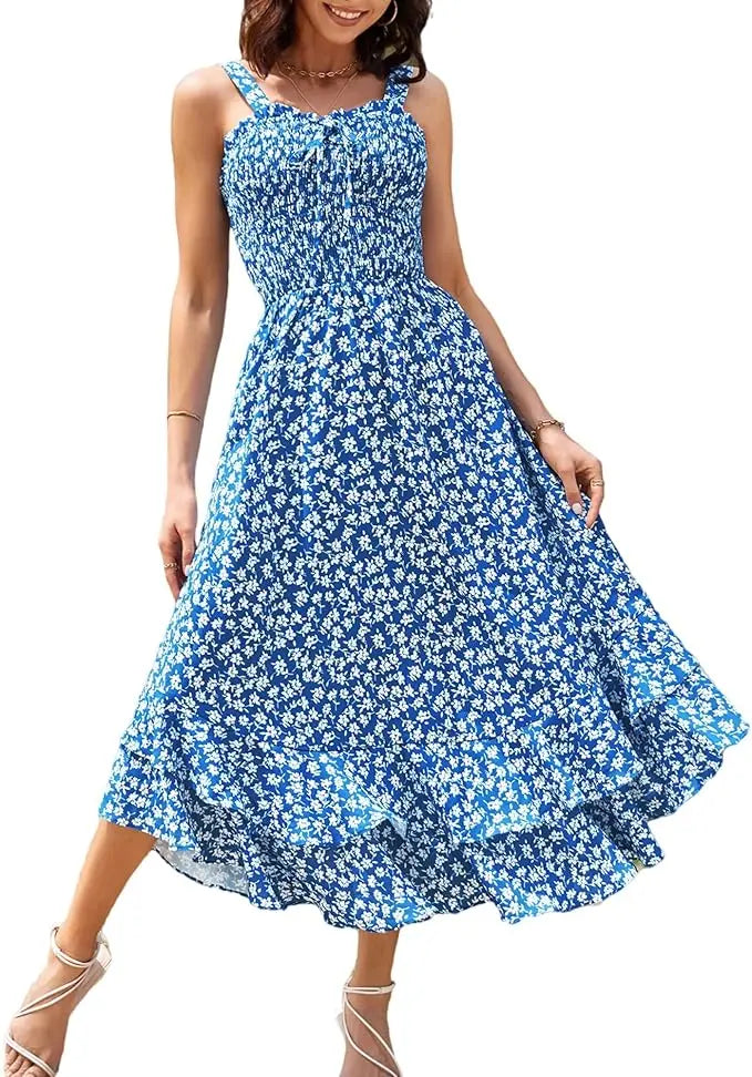 Sway™ | Women's Floral Smocked Maxi Dress – Square Neck Adjustable Strap Tiered Ruffle Beach Sundress oaklynwear