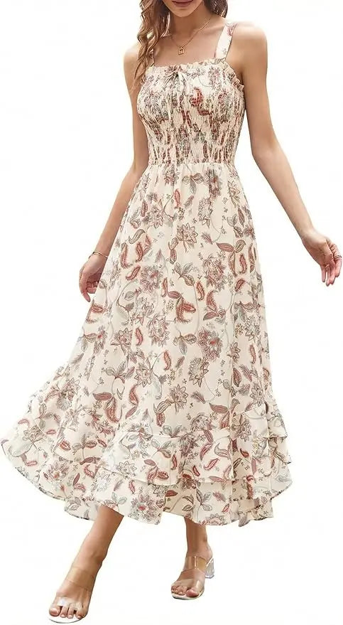 Sway™ | Women's Floral Smocked Maxi Dress – Square Neck Adjustable Strap Tiered Ruffle Beach Sundress oaklynwear