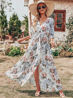 Wrap™ | Women's Boho Floral Wrap Maxi Dress – V-Neck 3/4 Sleeve Belted Slit Beach Wedding Dress oaklynwear