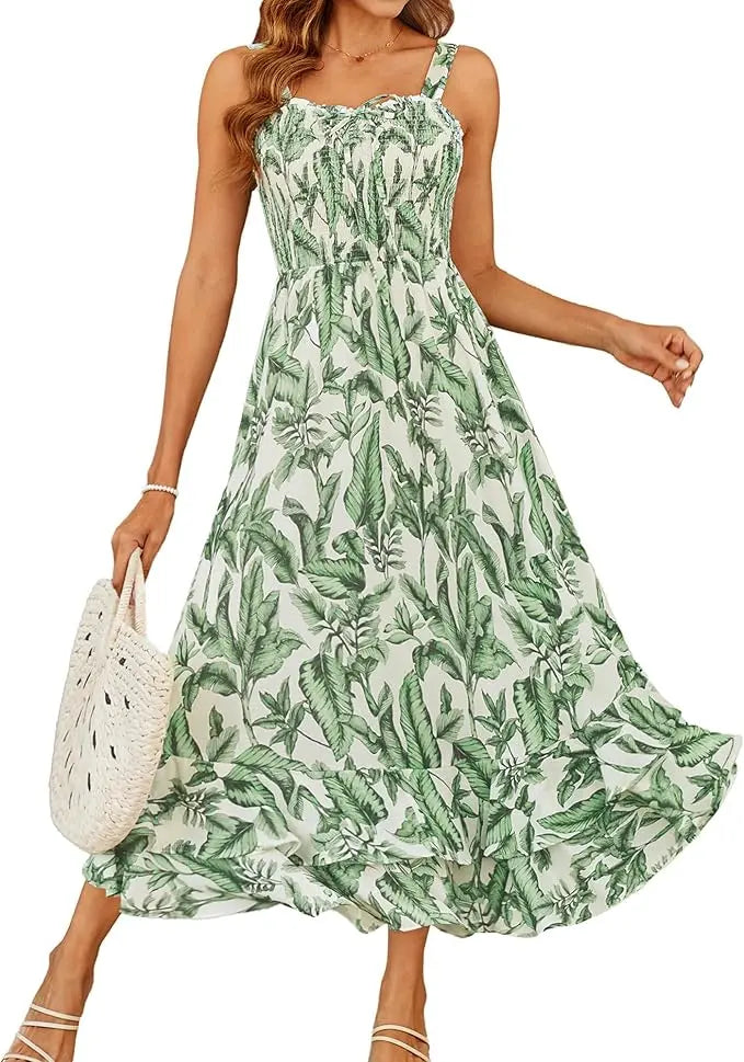 Sway™ | Women's Floral Smocked Maxi Dress – Square Neck Adjustable Strap Tiered Ruffle Beach Sundress oaklynwear