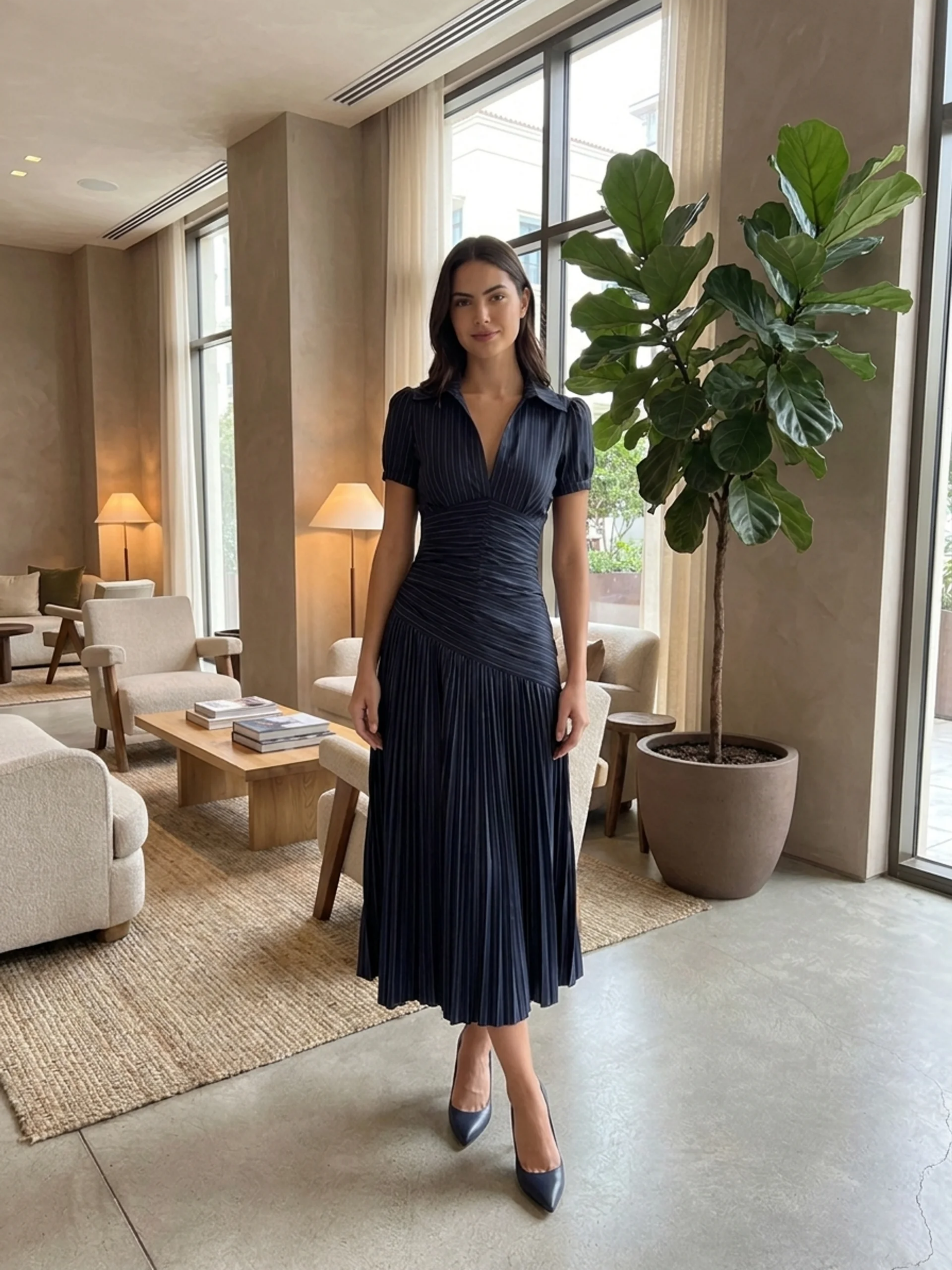 Monroe | Satin Pleated Lapel Midi Dress oaklynwear