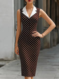 Brown White Polka Dot Contrast White Lapel Sleeveless Midi Pencil Dress oaklynwear