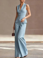 Sky-blue Pinstripe Sleeveless Vest And Trousers 2-Piece Suit oaklynwear