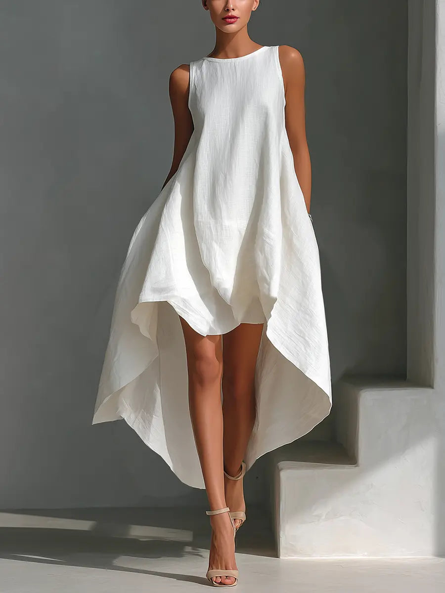 Vera | Women's White Linen Fabric Sleeveless Midi Dress With Round Neck & Asymmetric Hem oaklynwear