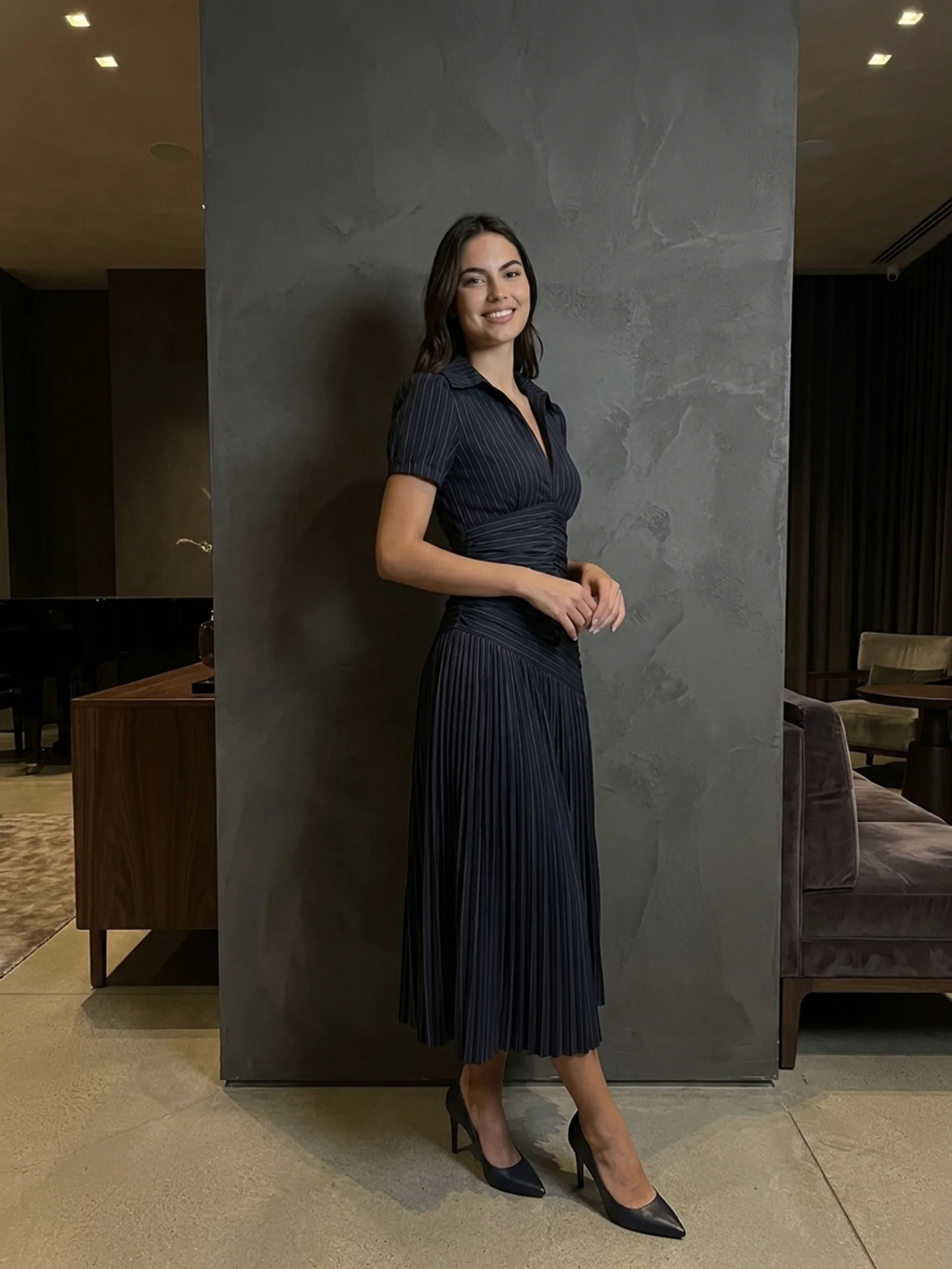 Monroe | Satin Pleated Lapel Midi Dress oaklynwear