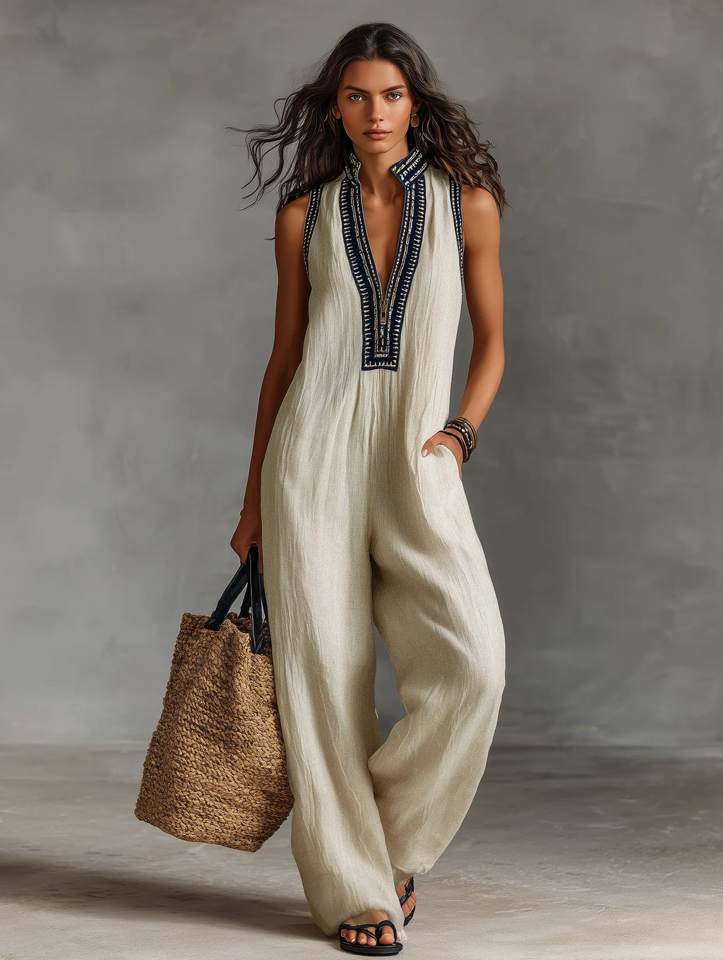 Cora | Women's Minimalist Linen Blend Sleeveless Jumpsuit With Zipper oaklynwear
