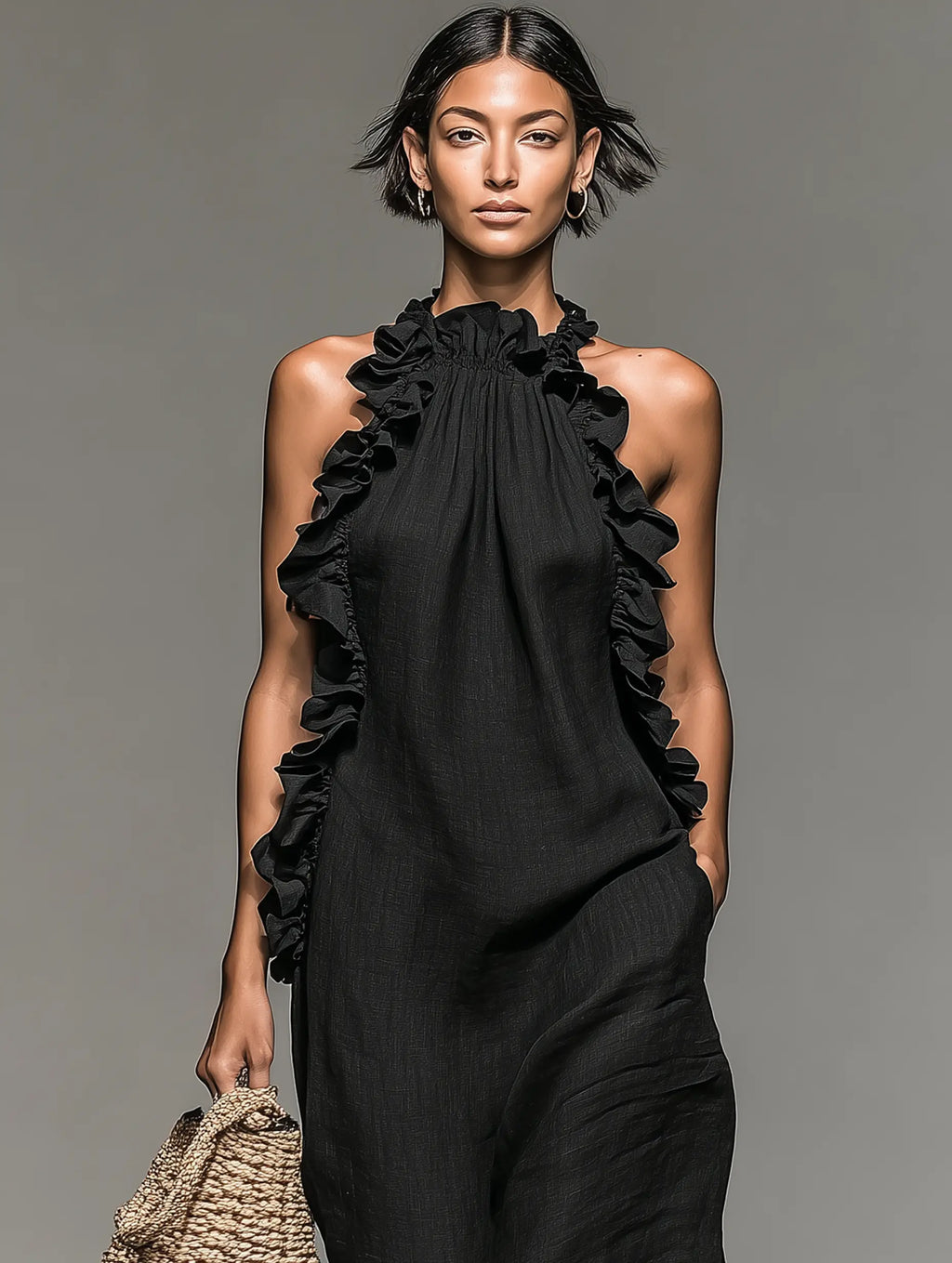Elaine | Women's Minimalist Linen-Blend Sleeveless Maxi Dress With Ruffle Details oaklynwear