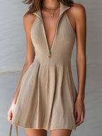 ElevenOra Chic Elegant Camel Zipper-Front Lapel Collar Sleeveless Tailored Waist Pleated A-Line Ribbed Knit Mini Dress oaklynwear