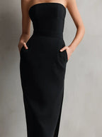 Victoria | Women's Elegant Black Stretch Strapless Bodycon Midi Dress oaklynwear