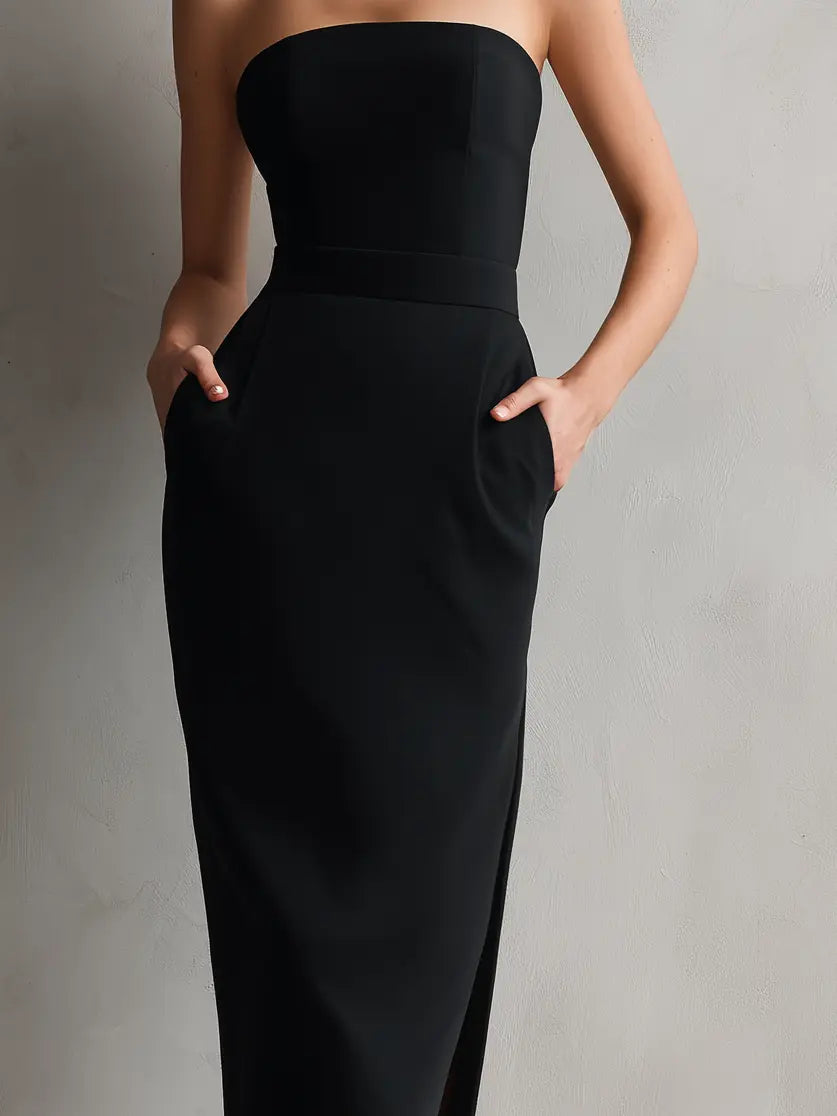 Victoria | Women's Elegant Black Stretch Strapless Bodycon Midi Dress oaklynwear