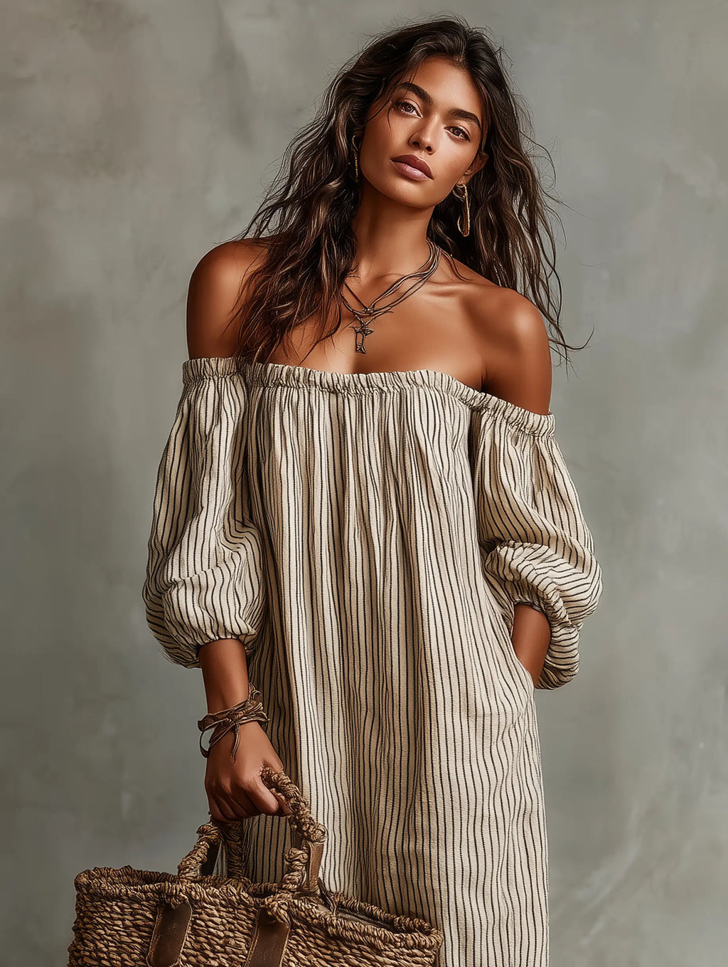 Catalina | Women's Vacation Cotton-Linen Blend Off-Shoulder Long-Sleeved Maxi Dress oaklynwear