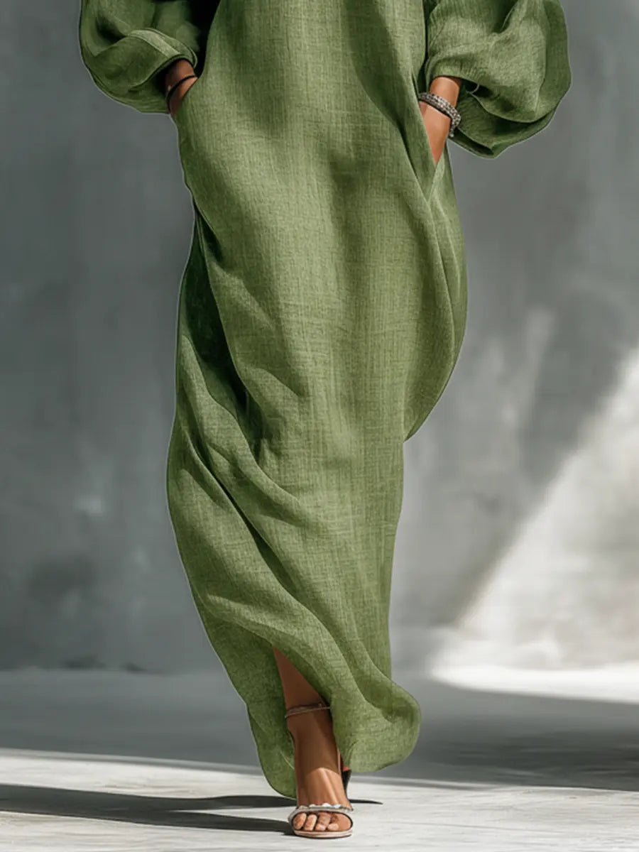 Flora | Women's Light Green Cold-Shoulder Maxi Dress With Oversized Puff Sleeves & Side Pockets oaklynwear