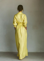 Goldie | Women's Lemon Yellow Cotton And Linen Blend Maxi Shirt Dress With Tie Waist & Half Sleeves oaklynwear