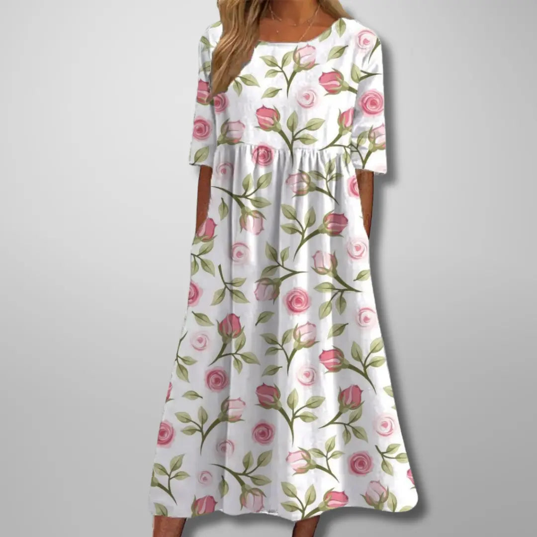 Oaklyn Floral Relaxed Midi Dress – Round Neck Elbow Sleeve Everyday Style oaklynwear