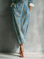Rosie | Women's Blue And White Cotton Blend Striped Shirt Dress With Red Chest Pocket oaklynwear