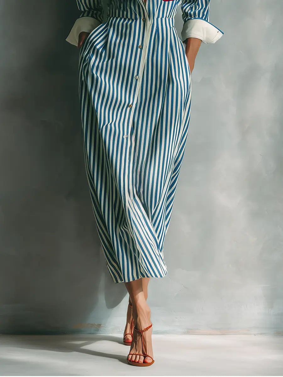 Rosie | Women's Blue And White Cotton Blend Striped Shirt Dress With Red Chest Pocket oaklynwear
