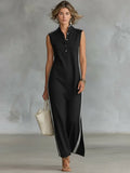 Jordan | Women's Minimalist Athletic-Style Sleeveless Henley Maxi Dress oaklynwear
