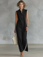 Jordan | Women's Minimalist Athletic-Style Sleeveless Henley Maxi Dress oaklynwear