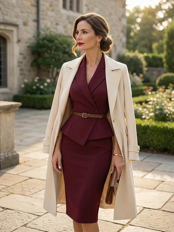 Solid Color Tailored Waist Blazer And Skirt 2-Piece Suit oaklynwear