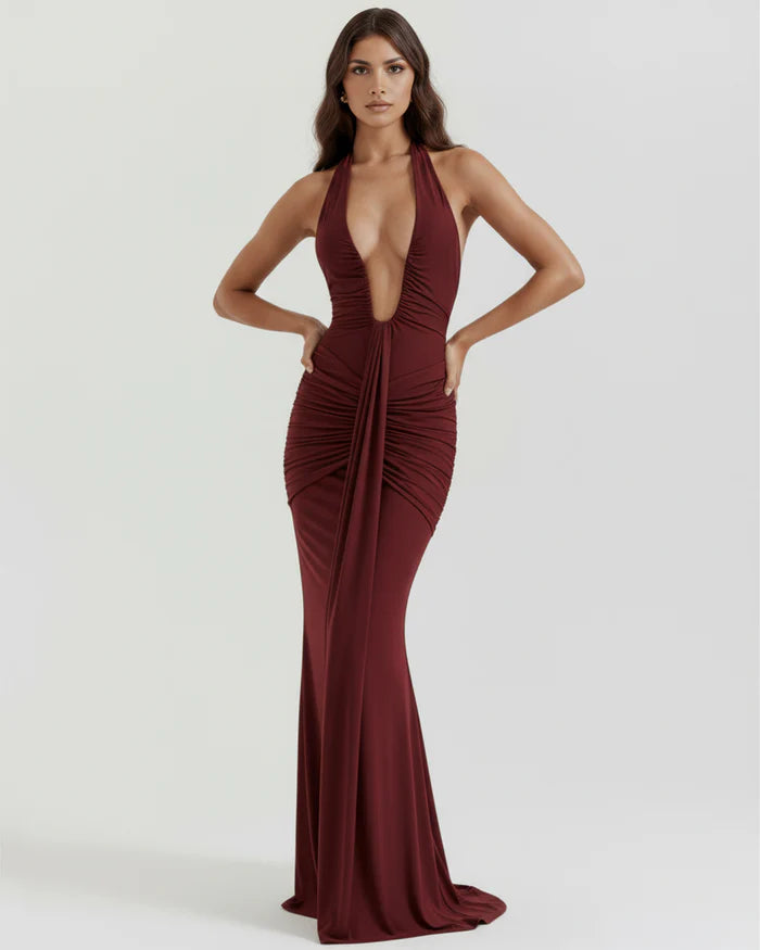 Seraphina | Plunging Halter Ruched Maxi Dress oaklynwear