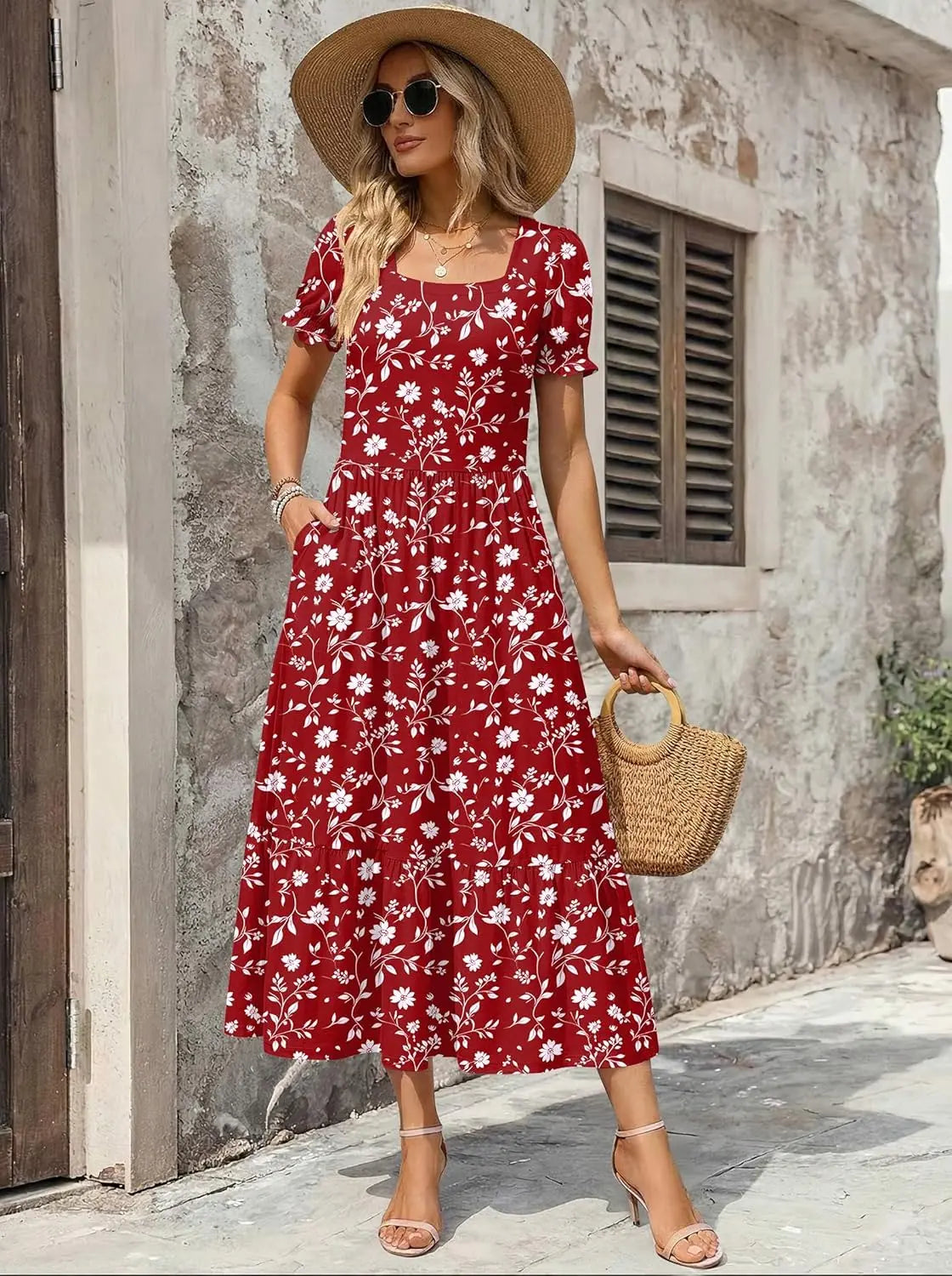 Puff™ | Women's Tiered Midi Dress with Pockets – Square Neck Puff Sleeve Flowy Beach Sundress oaklynwear