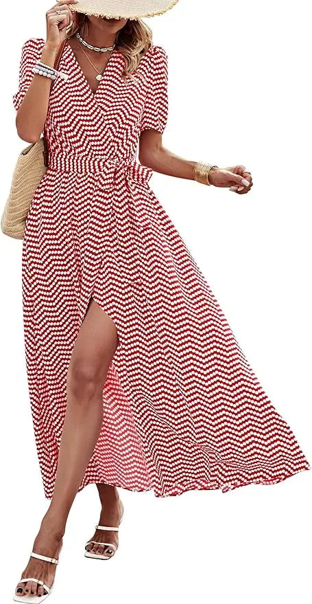 Remi™ | Women's Boho Floral Wrap Maxi Dress – V-Neck Short Sleeve High Split Beach Wedding Dress oaklynwear